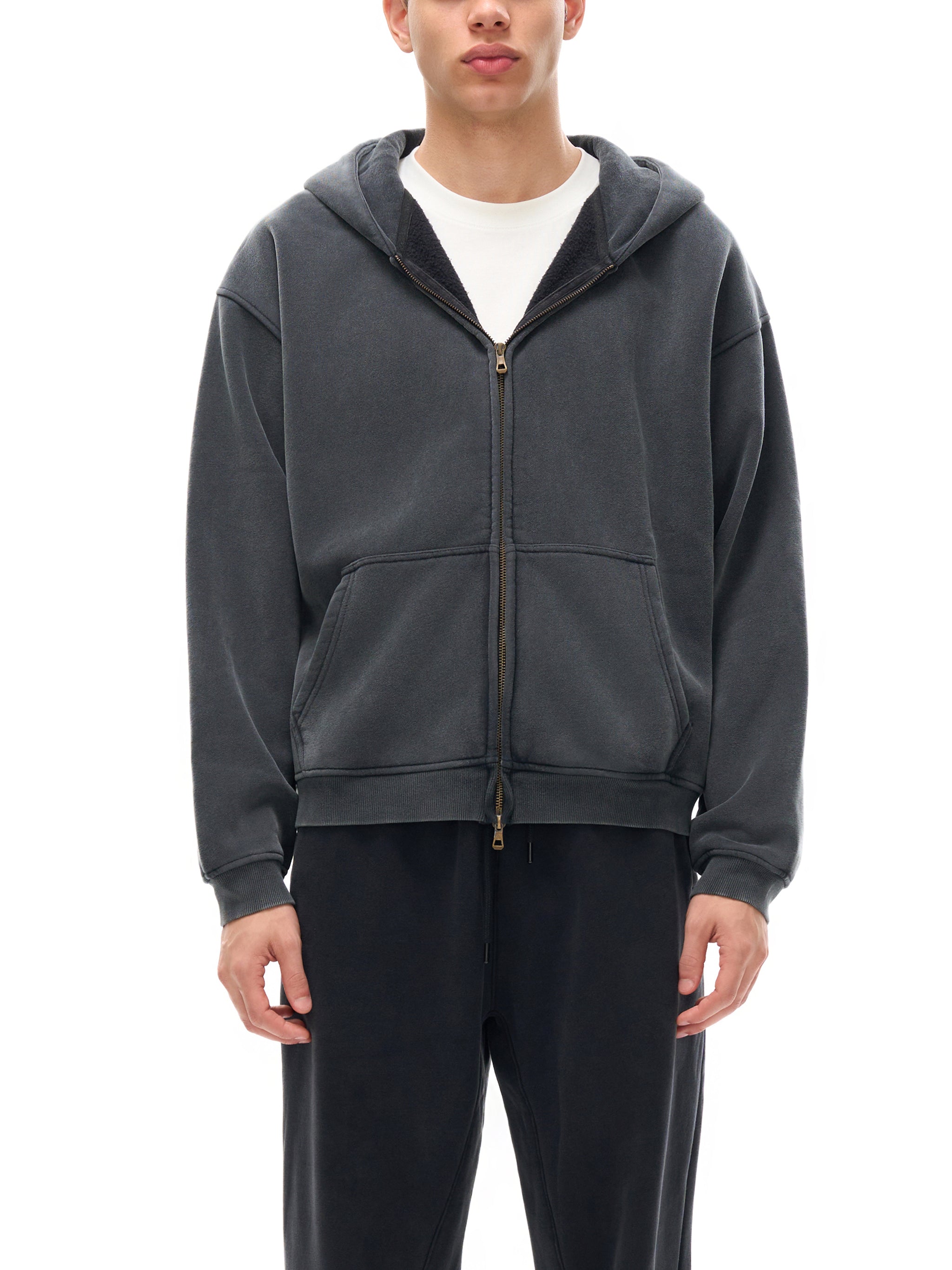Unisex Washed Zip-Through Boxy Fleece Hoodie
