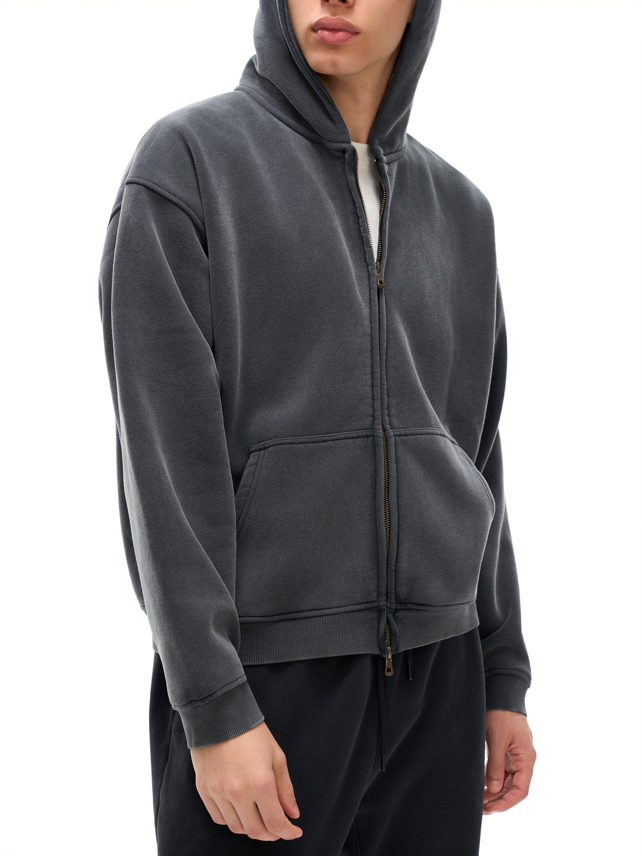 Unisex Washed Zip-Through Boxy Fleece Hoodie