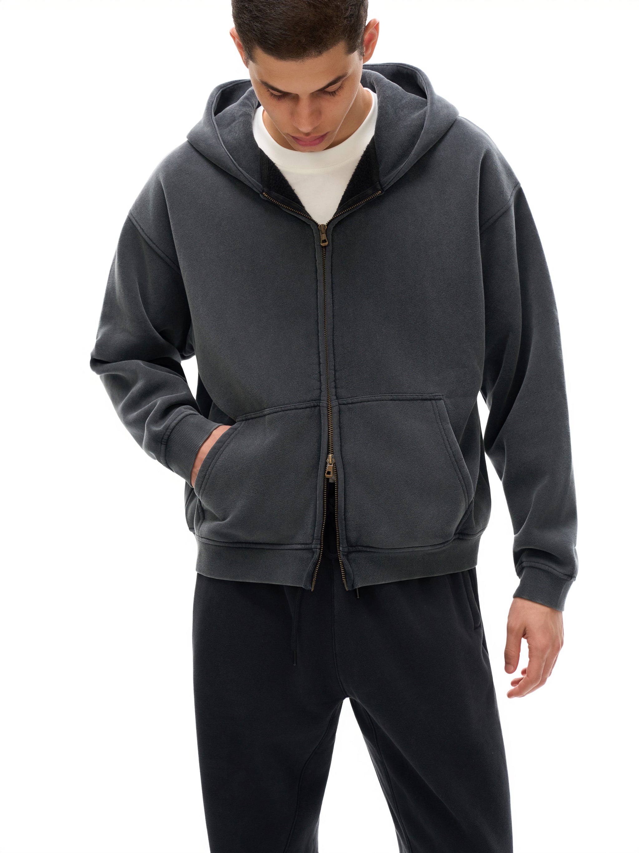 Unisex Washed Zip-Through Boxy Fleece Hoodie