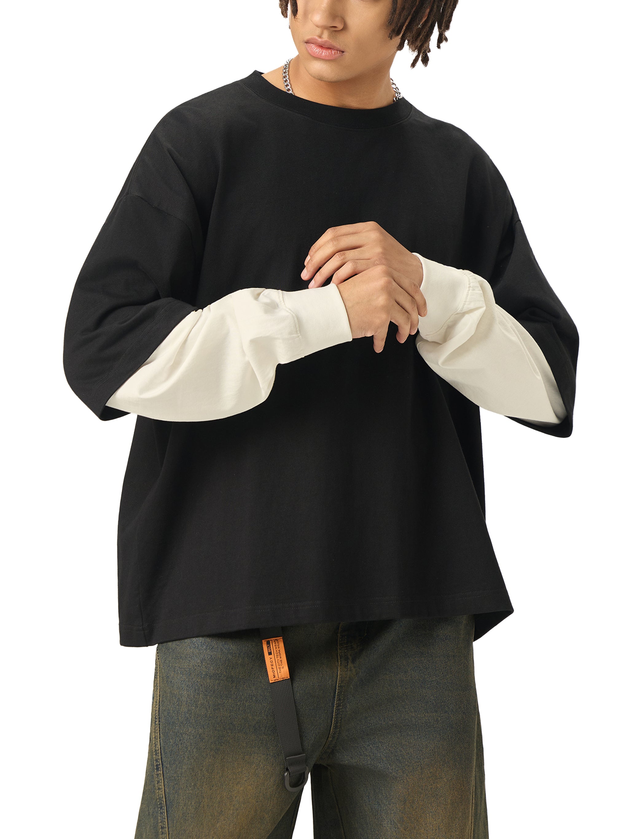 Unisex Layered Contrast Sleeve Cotton T-Shirt
