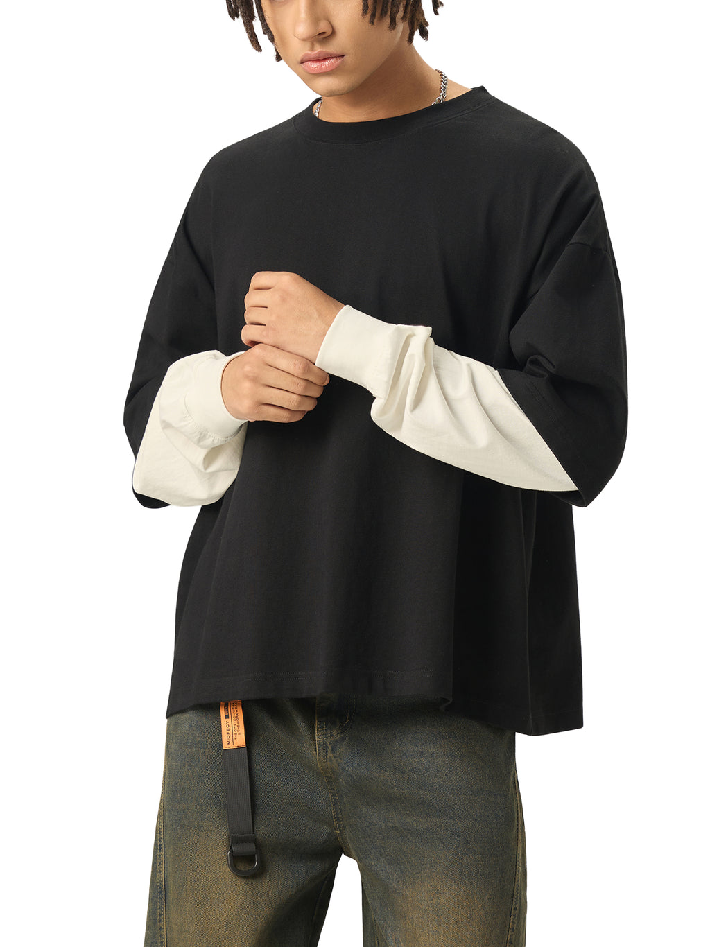 Unisex Layered Contrast Sleeve Cotton T-Shirt