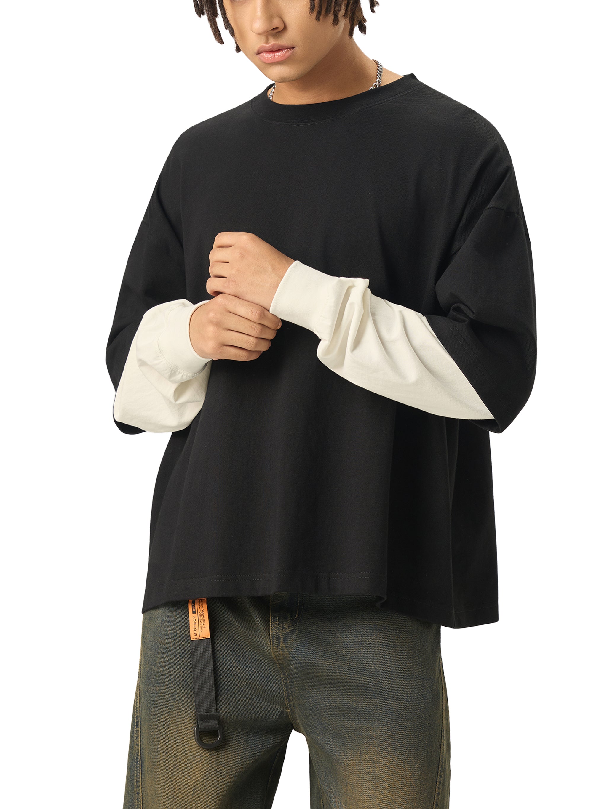 Unisex Layered Contrast Sleeve Cotton T-Shirt