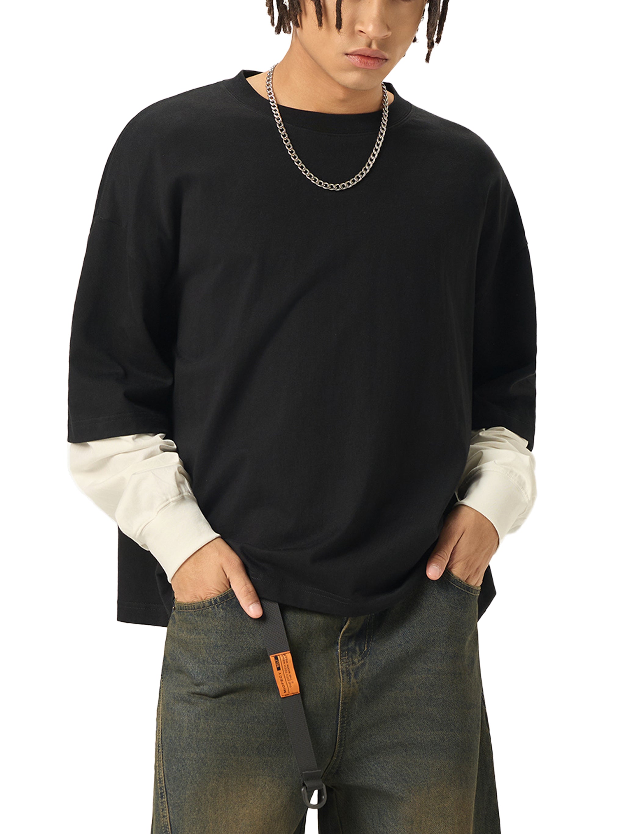 Unisex Layered Contrast Sleeve Cotton T-Shirt