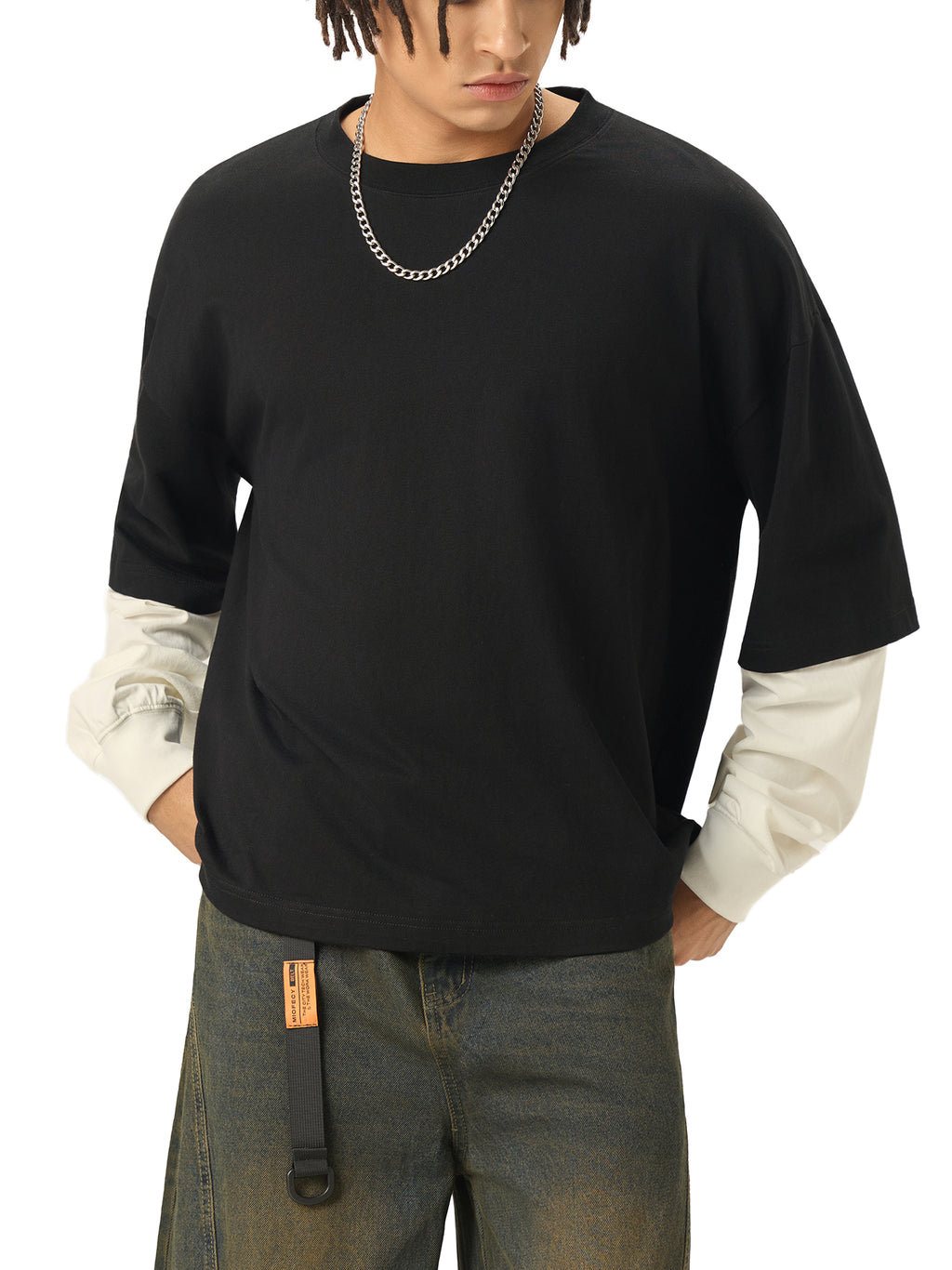 Unisex Layered Contrast Sleeve Cotton T-Shirt
