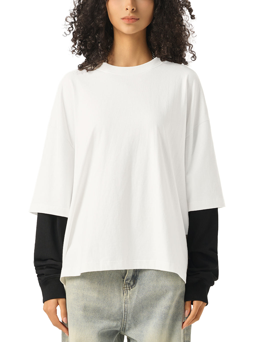 Unisex Layered Contrast Sleeve Cotton T-Shirt