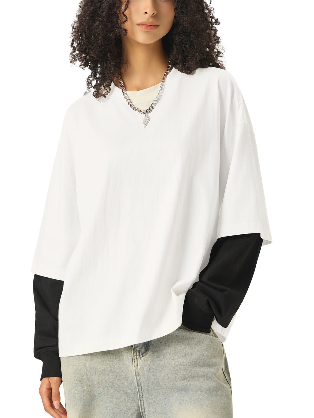 Unisex Layered Contrast Sleeve Cotton T-Shirt