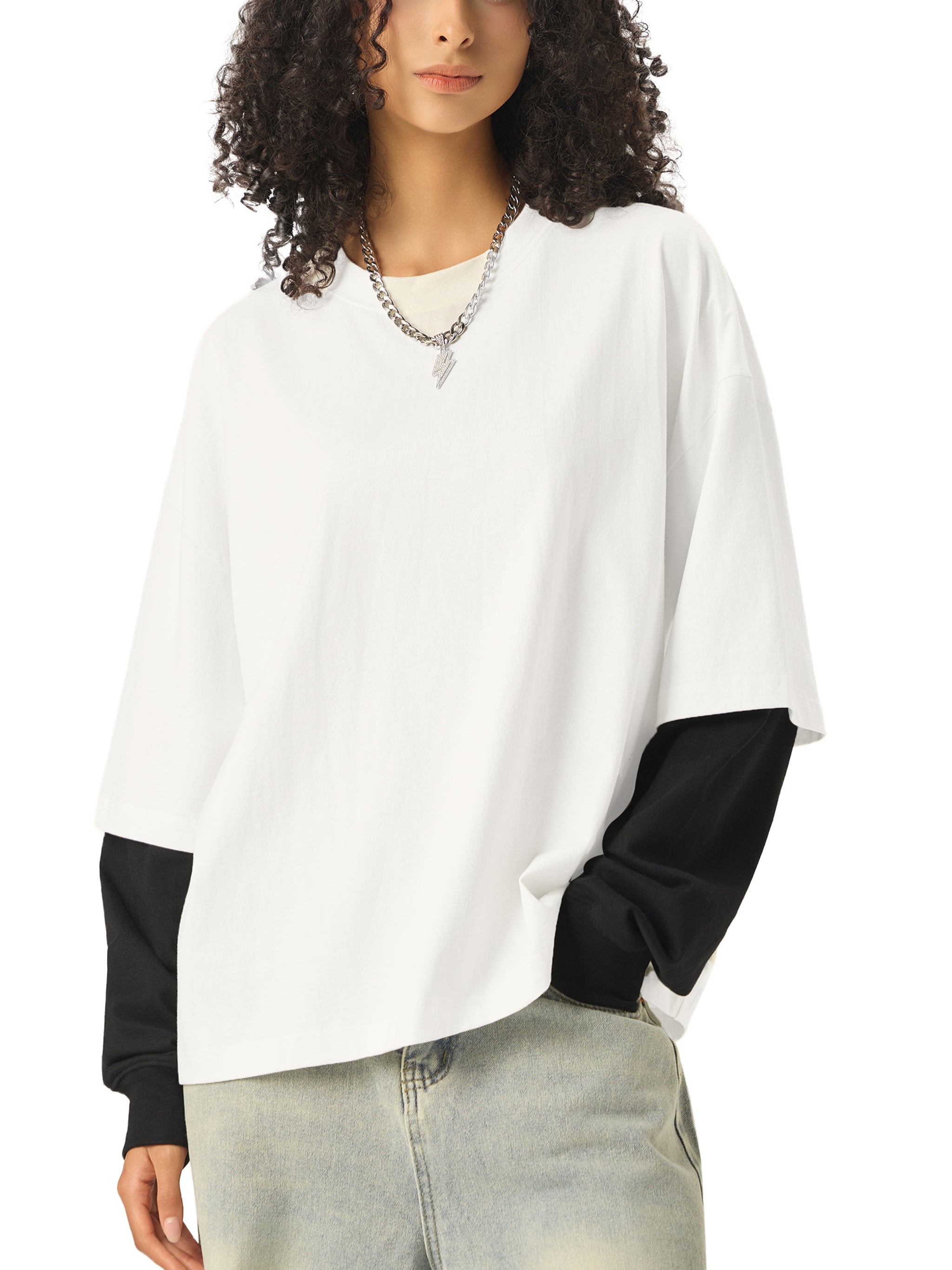 Unisex Layered Contrast Sleeve Cotton T-Shirt