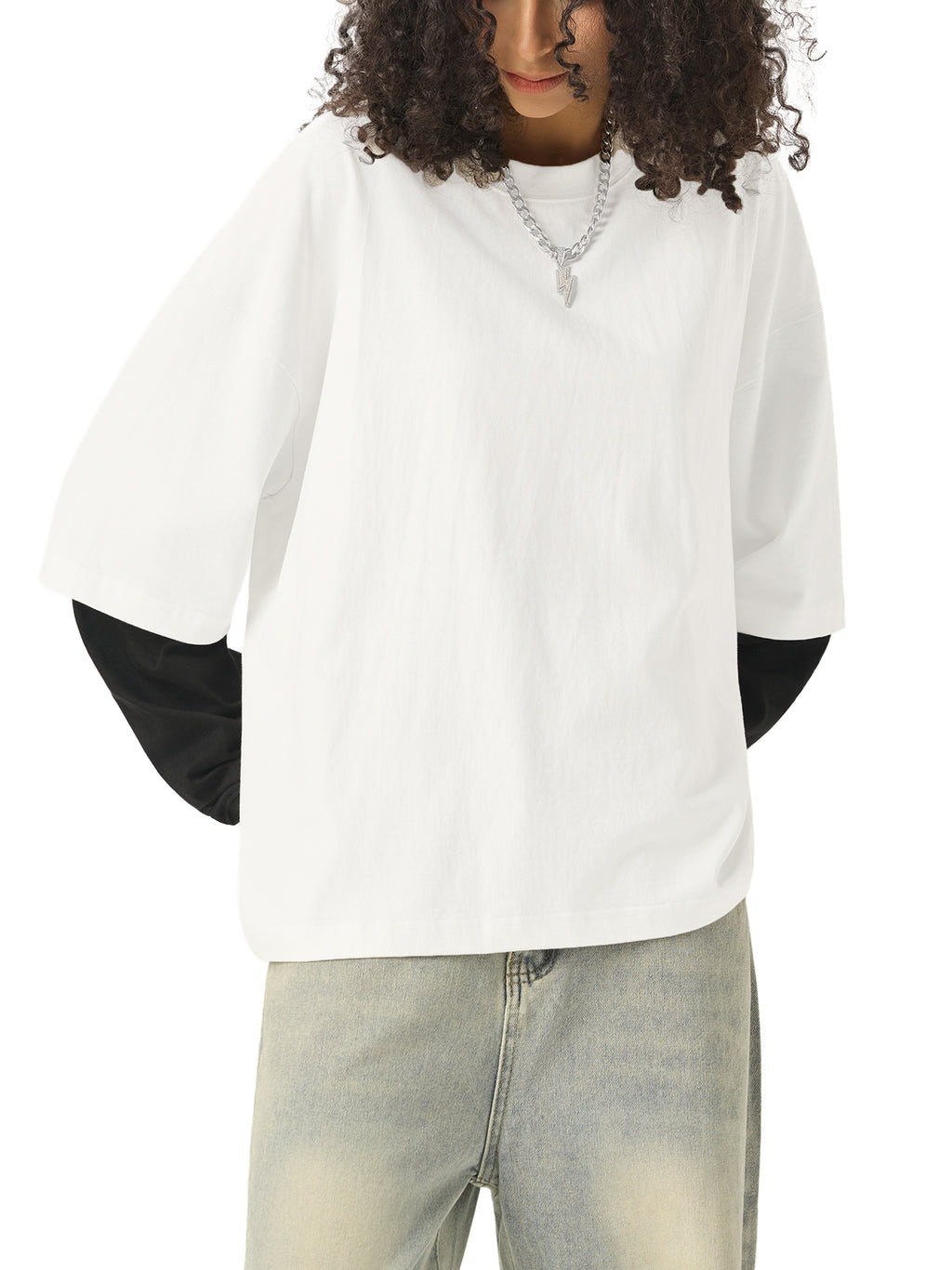 Unisex Layered Contrast Sleeve Cotton T-Shirt