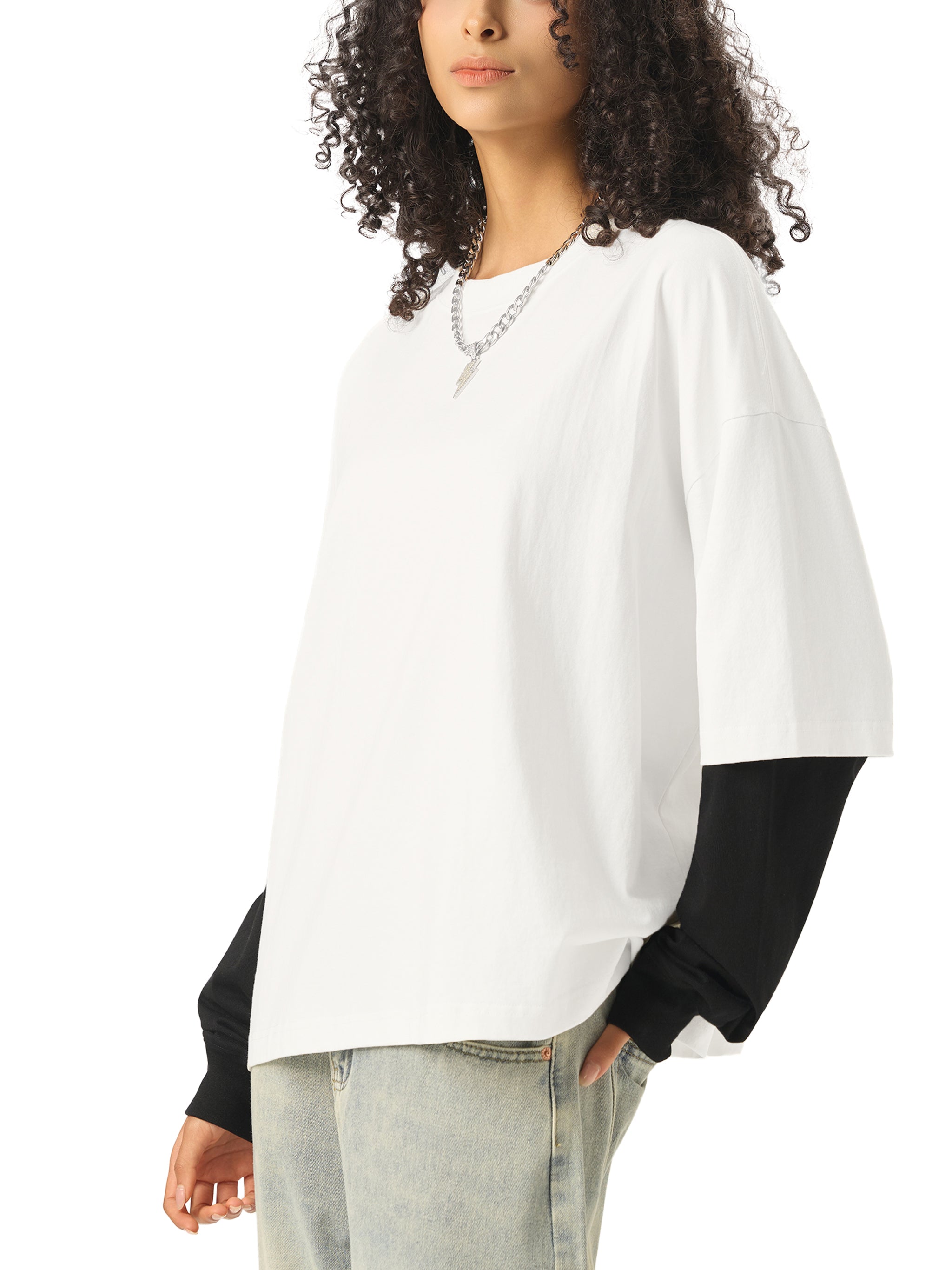 Unisex Layered Contrast Sleeve Cotton T-Shirt